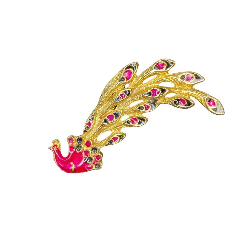 VTG Peacock Brooch Pin Gold Tone Pink Resin 2.5 Inch Bird Feathers Eye Tail EUC